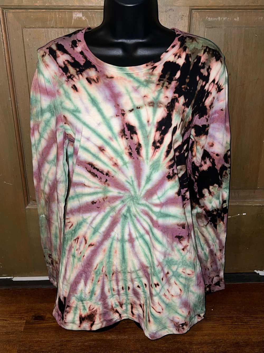 Handmade Tie-Dye Spiral Earthy Black Green Long Sleeve Shirt Boho Grunge Size M - Picture 6 of 10